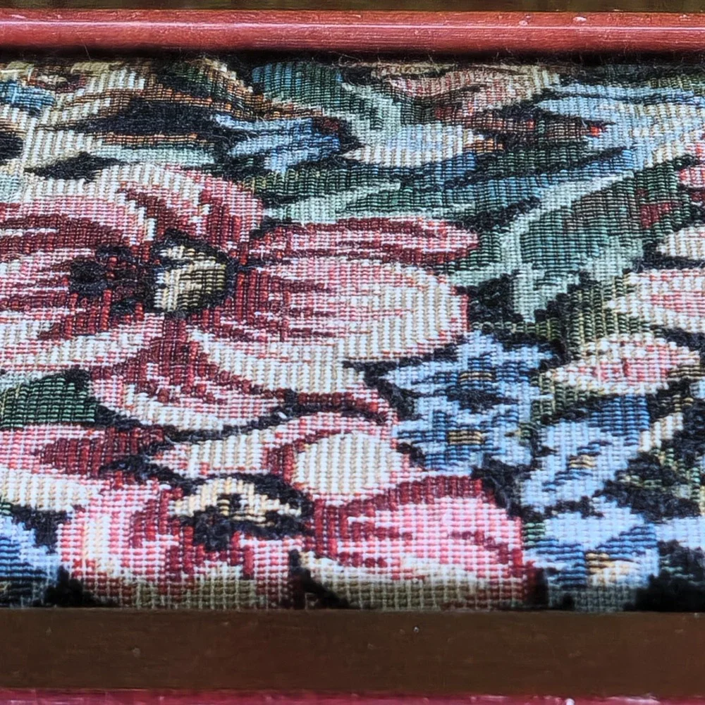 VTG Floral Tapestry Wooden Jewelry Box Cherry Finish Scalloped Ring Organizer